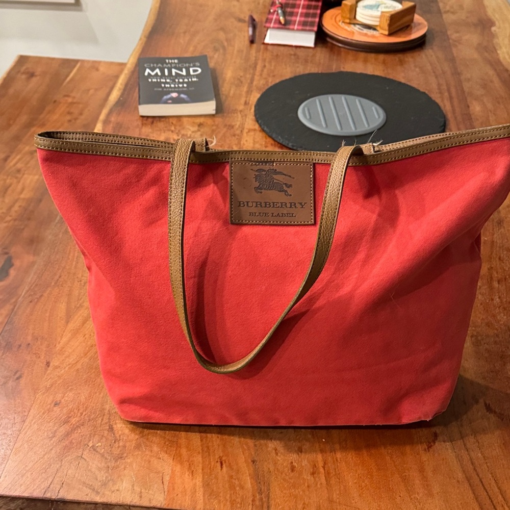 Burberry Red Canvas Tote with Brown Accents